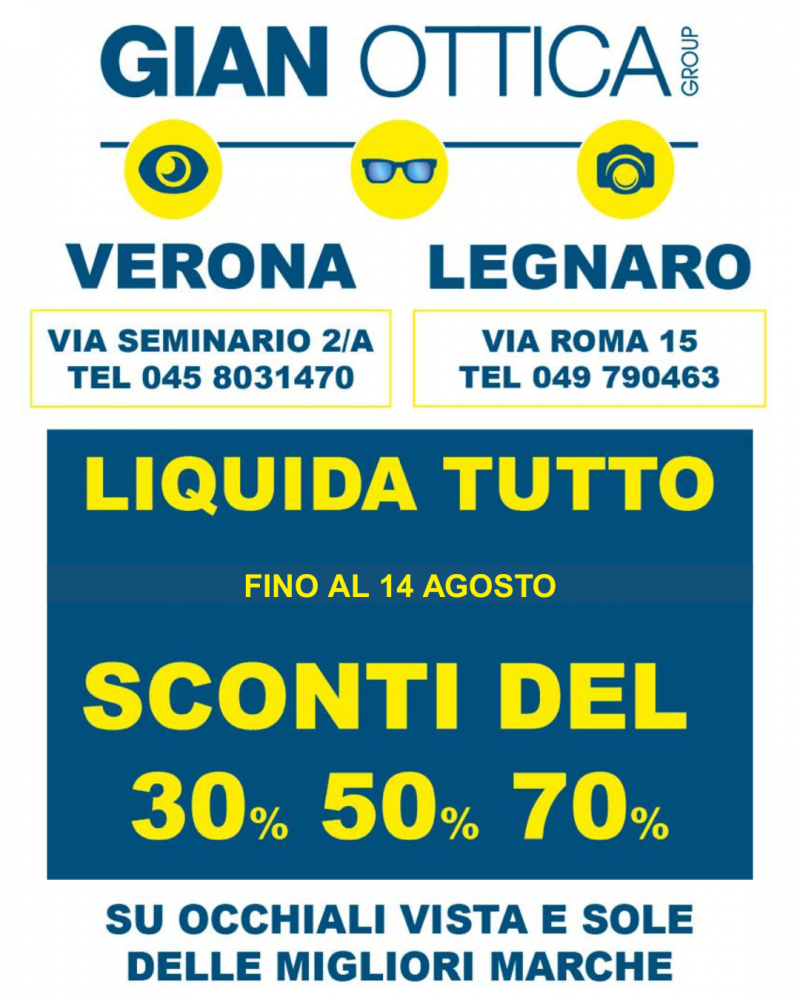 Fino al 14 agosto, presso i nostri punti vendita di VERONA e LEGNARO (PD), sconti del 30% / 50% / 70%